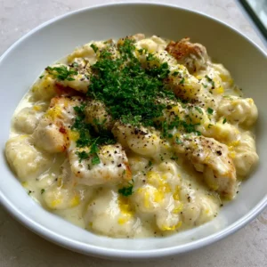 Close-up handheld smartphone photo of creamy lemon chicken gnocchi in a white bowl with visible golden-brown seared chicken edges and fresh parsley. (Lemon Chicken Gnocchi)