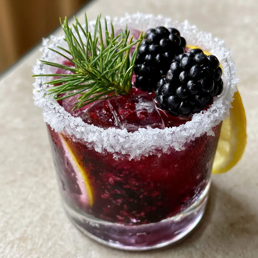 A deep purple Blackberry Gin Smash in a sugar-rimmed rocks glass on a stone surface.