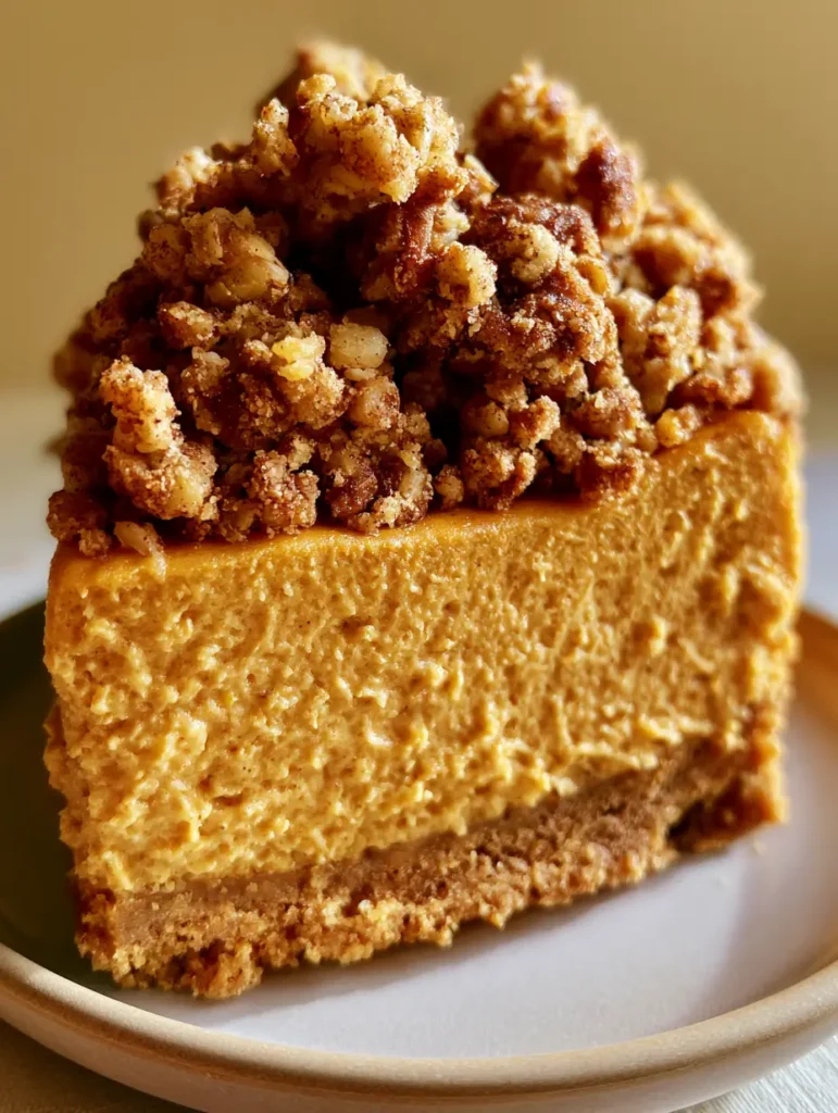 Close-up of a dense and smooth Pumpkin Streusel Cheesecake slice with craggy peaks of amber-colored crumble.