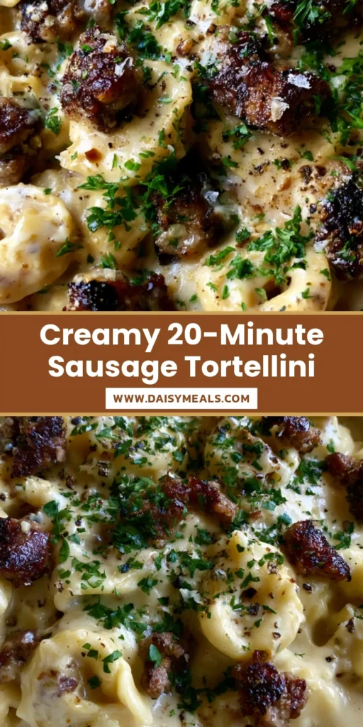 A top-down shot of a shallow white bowl containing Creamy Sausage Tortellini with seared sausage, glossy ivory sauce, and fresh parsley garnish.