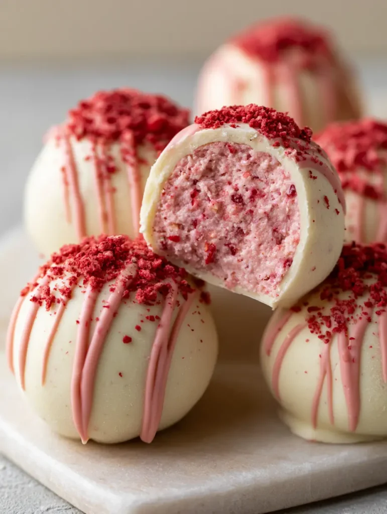 Close-up of Strawberry Cheesecake Truffles showing the matte white chocolate shell and vibrant pink center with fruit specks.