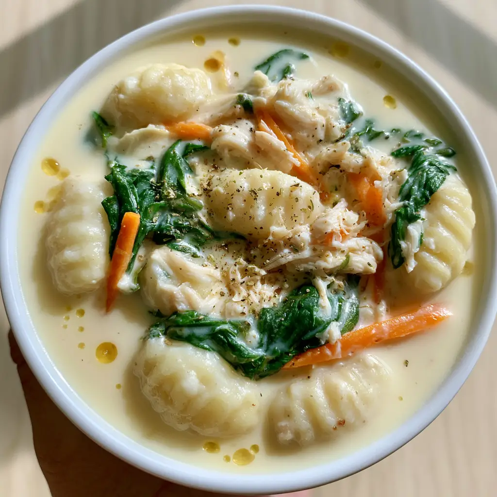 Olive Garden Chicken Gnocchi Soup: The Ultimate Velvet-Cream Copycat Recipe 1 Authentic food photography of Olive Garden Chicken Gnocchi Soup showing ridged gnocchi and orange matchstick carrots.