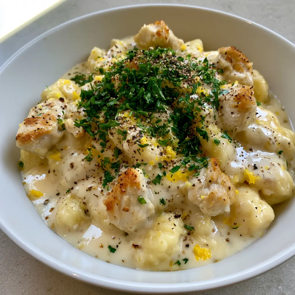 Authentic food photography of lemon chicken gnocchi featuring cracked black pepper and finely chopped parsley garnish on a stone surface.