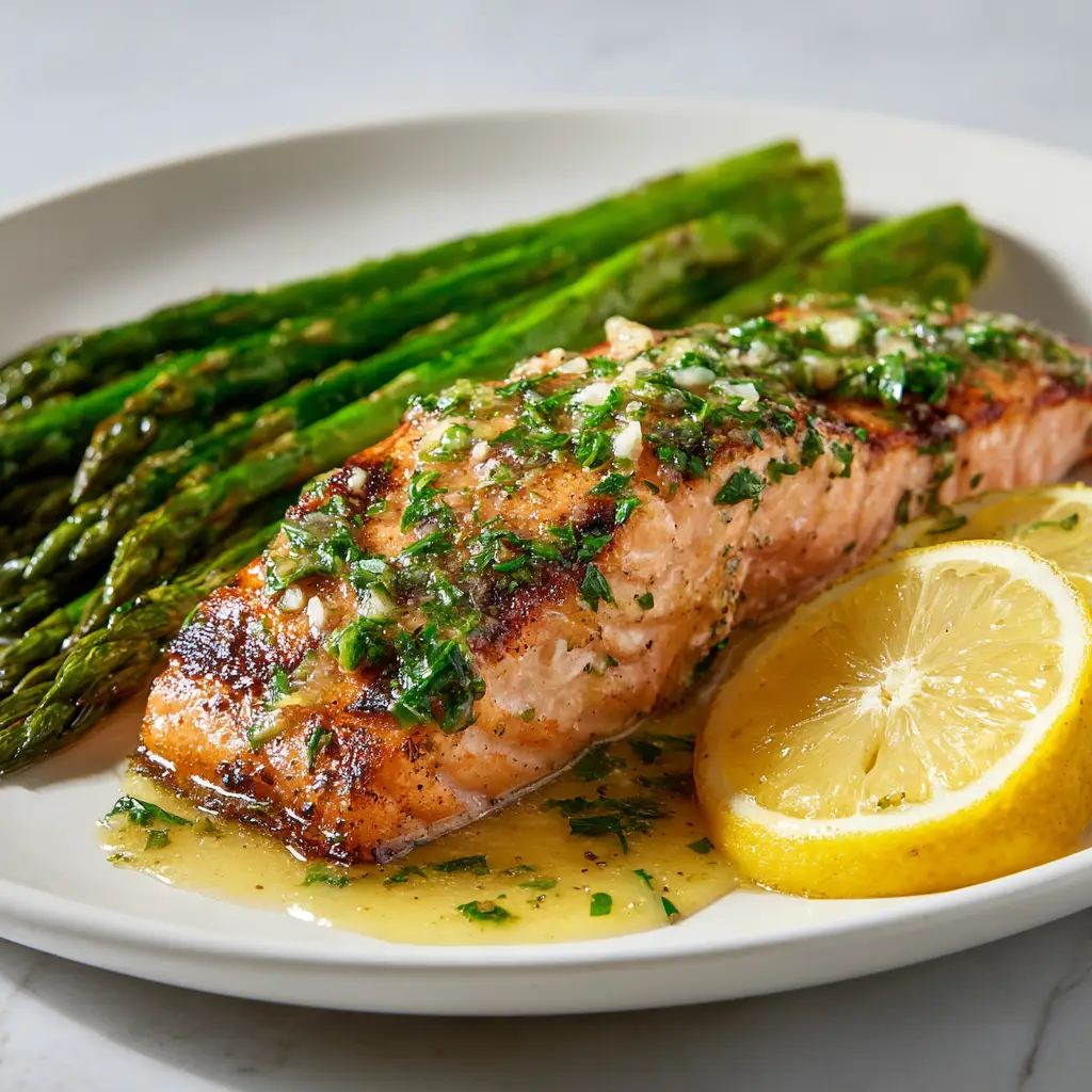 Baked Salmon in Foil served on a white plate with lemon wheels and fresh parsley. (Baked Salmon in Foil)