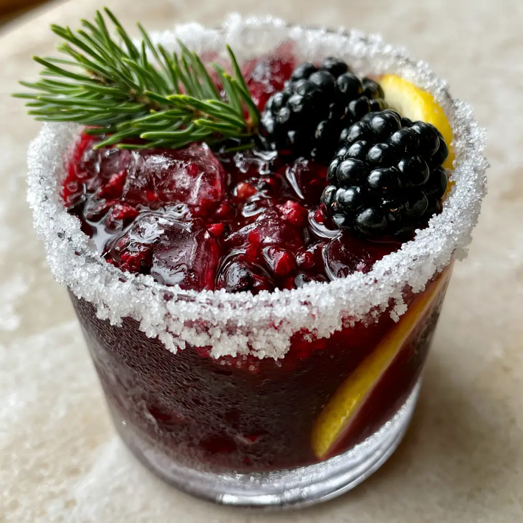 A smartphone-style photo of a Blackberry Gin Smash showing muddled berry fragments and a lemon wheel.
