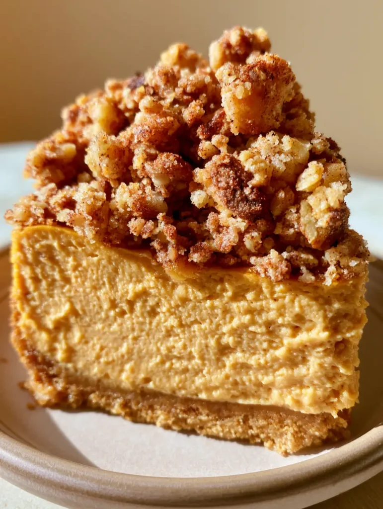 Handheld photo of a Pumpkin Streusel Cheesecake on a ceramic plate, highlighting the rustic golden-brown topping.