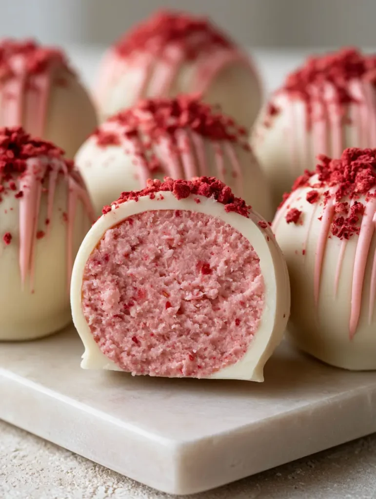 Several perfectly round Strawberry Cheesecake Truffles arranged on a light stone platter in natural daylight.