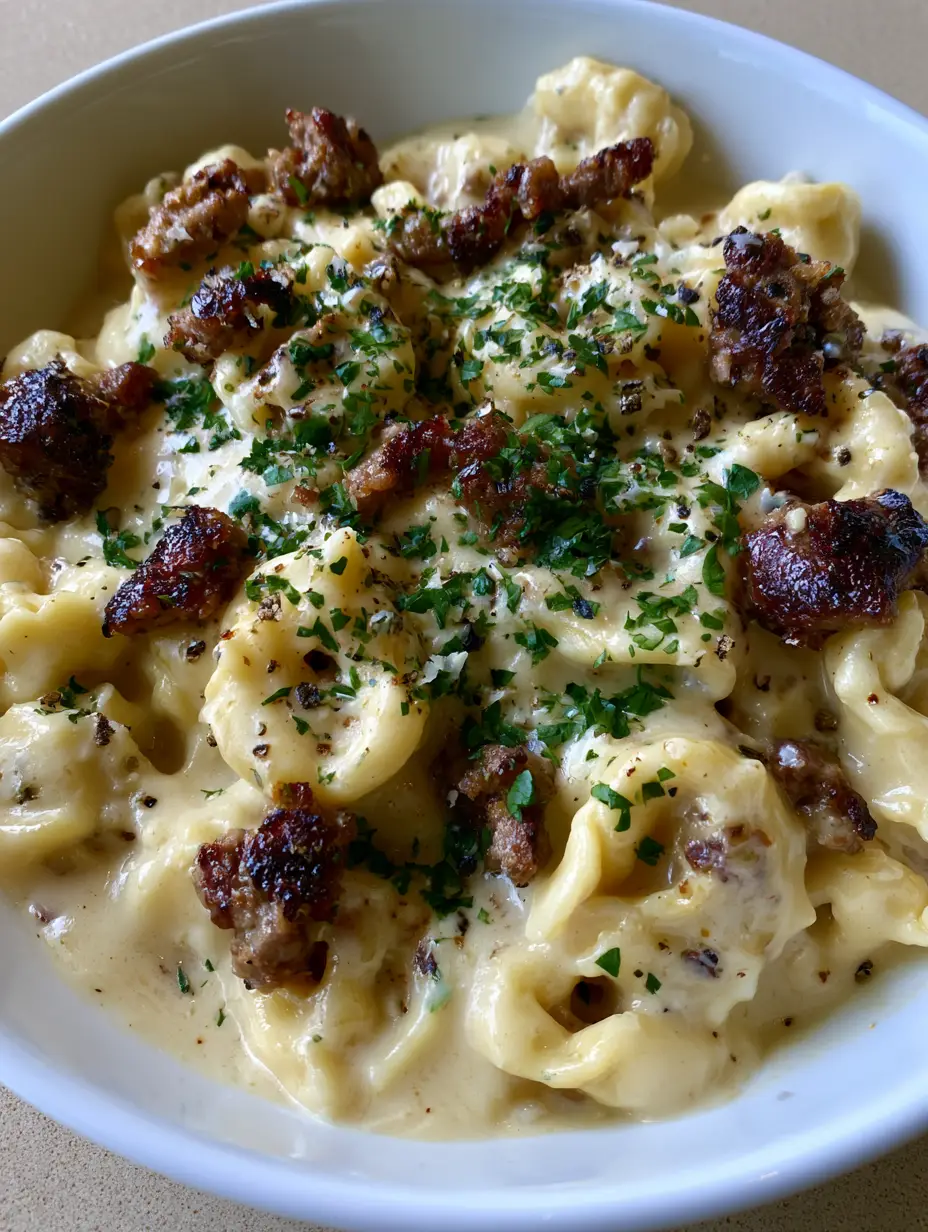 Close-up of cheese tortellini coated in a thick Parmesan cream sauce with deeply browned Italian sausage crumbles.
