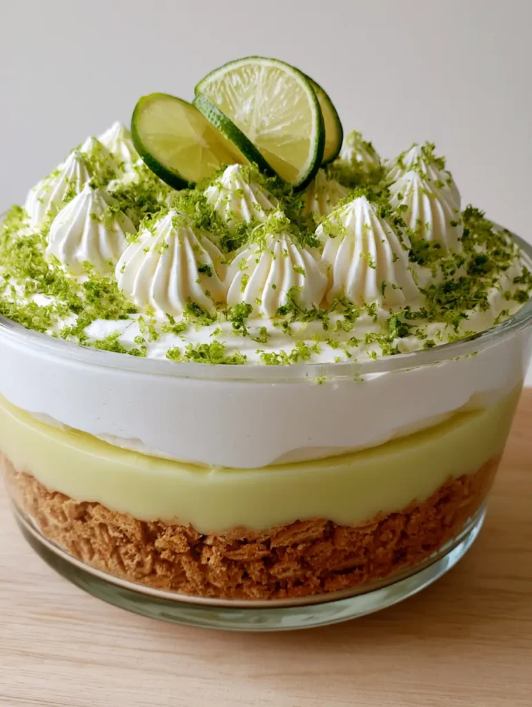Close up view of a Key Lime Pie Trifle showing coarse golden-brown crumbs and thick lime custard layers.