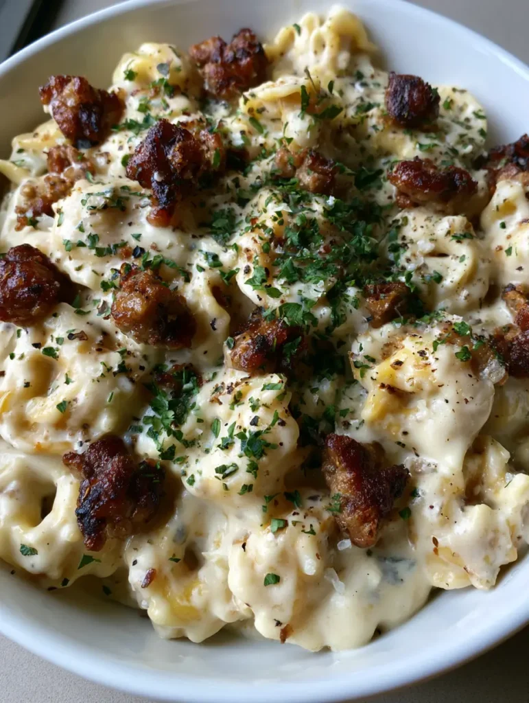 Rustic plating of Creamy Sausage Tortellini in a white bowl showing the contrast of green parsley and black pepper.