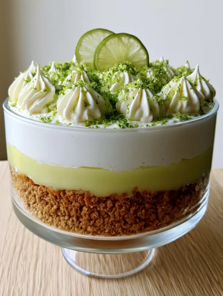 Key Lime Pie Trifle: The Ultimate Layered Summer Dessert Guide 1 Top view of Key Lime Pie Trifle with piped whipped cream, lime zest, and half-moon lime slices.