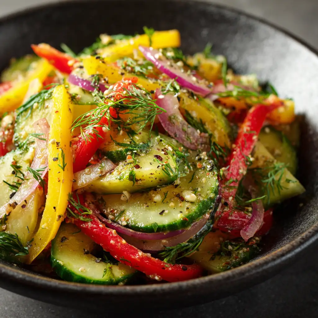 Overhead view of a tossed Cucumber Sweet Pepper Salad with coarse black pepper and vibrant yellow peppers.