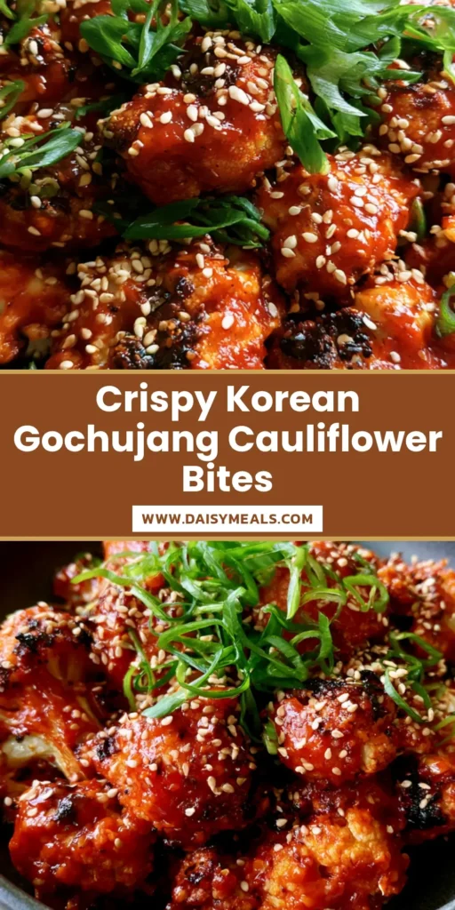 A close-up shot of Korean Baked Cauliflower in a dark bowl, showing sticky reddish-orange sauce, charred edges, and fresh scallion garnish.