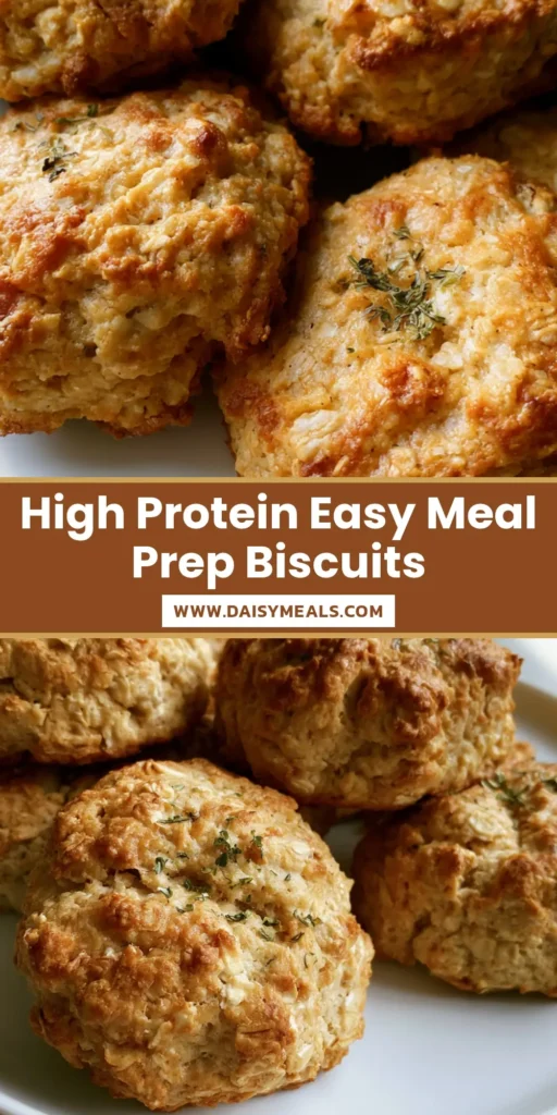 A top-down view of golden-brown Protein Breakfast Biscuits with visible oats and herbs on a white plate.