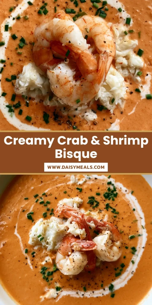 Seafood Bisque: The Ultimate Creamy Restaurant-Style Recipe with Shrimp and Crab 4 A top-down view of a white porcelain bowl filled with creamy orange Seafood Bisque, topped with three tail-on shrimp, lump crab, and a cream drizzle.