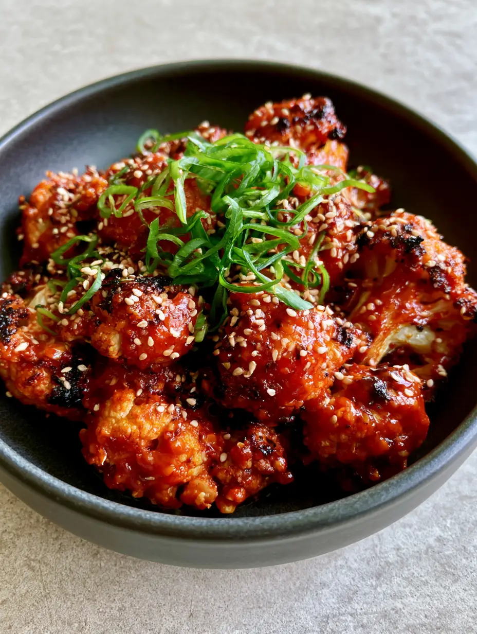 A smartphone photo of roasted Korean Baked Cauliflower florets heavily garnished with sesame seeds and green onions in a matte bowl. (Korean Baked Cauliflower)
