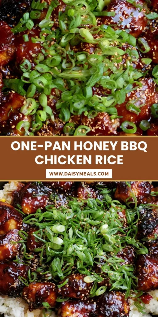 Honey BBQ Chicken and Rice: The Ultimate Sticky Skillet Dinner 4 A close-up of Honey BBQ Chicken and Rice in a cast-iron skillet with glossy mahogany glaze and green scallions. (Honey BBQ Chicken and Rice)