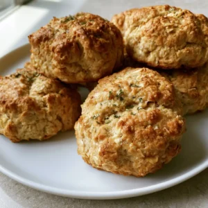 Close-up of Protein Breakfast Biscuits showing the rustic textured surface and golden hue. (Protein Breakfast Biscuits)