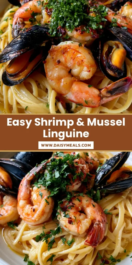 A shallow white bowl filled with Seafood Linguine Recipe featuring glossy garlic butter sauce, seared pink shrimp, and black mussels. (Seafood Linguine Recipe)