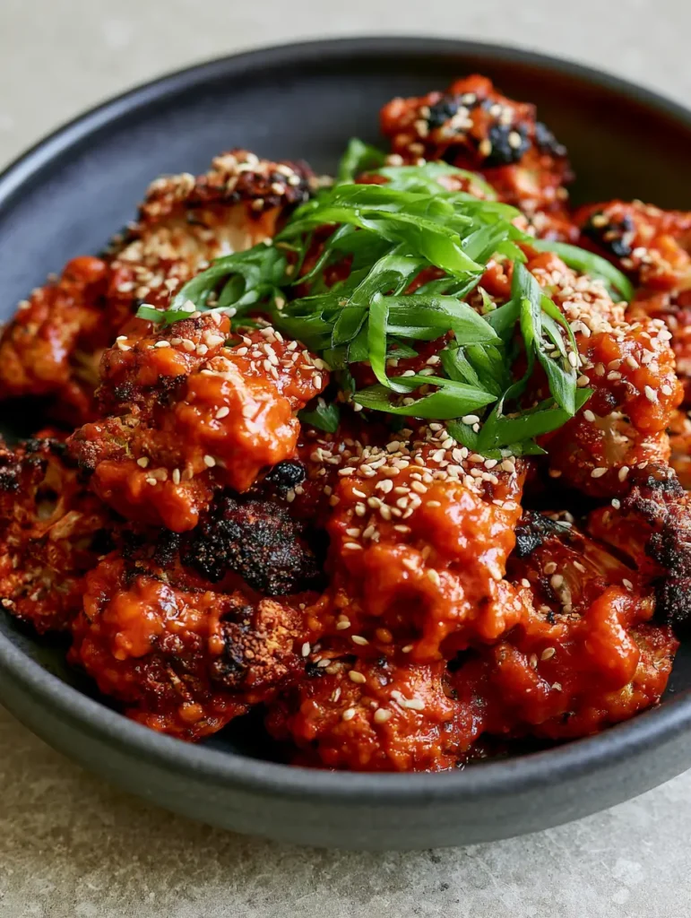 Side-lit handheld photo of charred cauliflower florets smothered in thick reddish sauce. (Korean Baked Cauliflower)