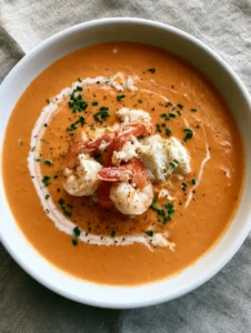 A professional top-down shot of Seafood Bisque in a white bowl showing the thick orange-pink texture and fresh chive garnish.