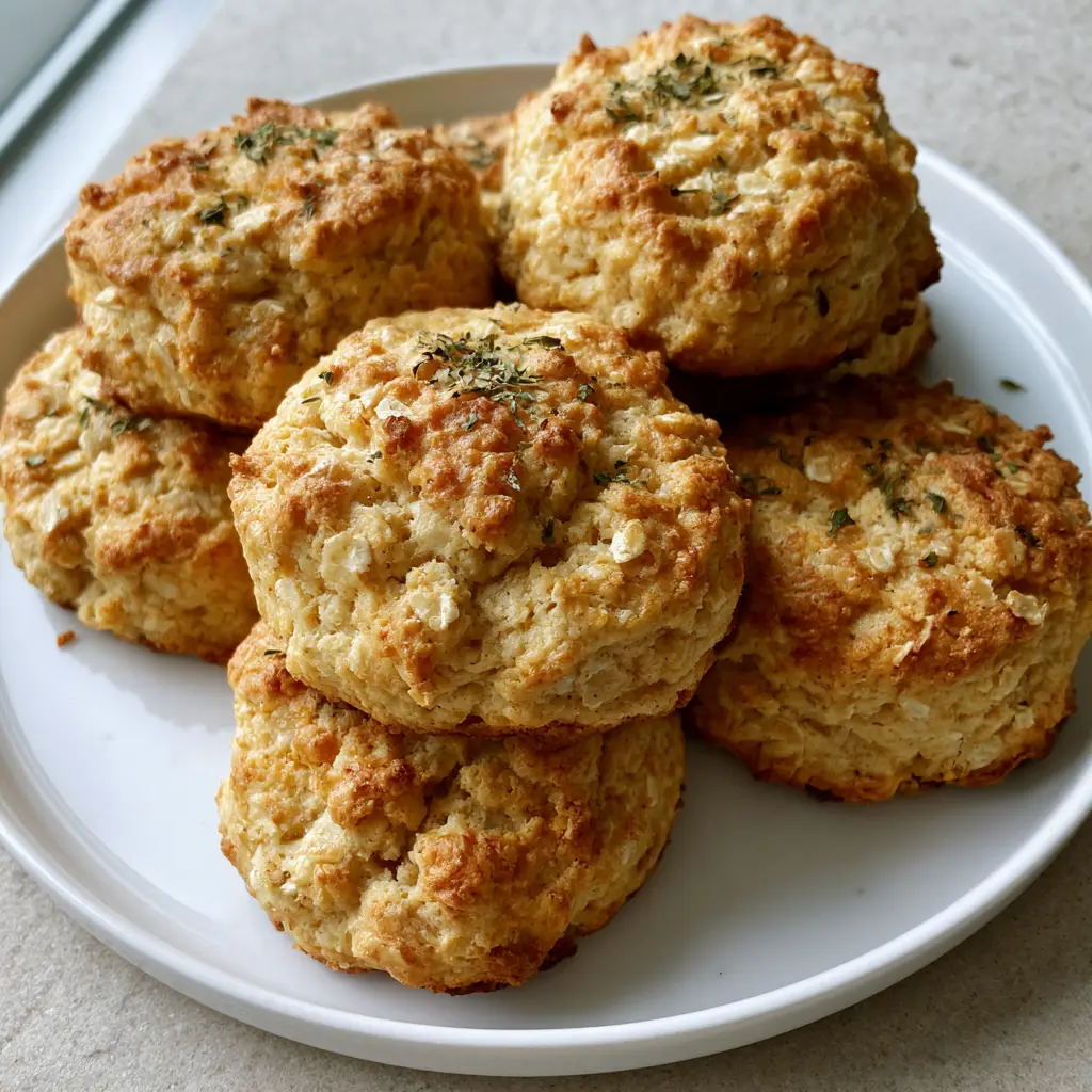 Three Protein Breakfast Biscuits arranged on a neutral stone countertop with soft natural lighting.