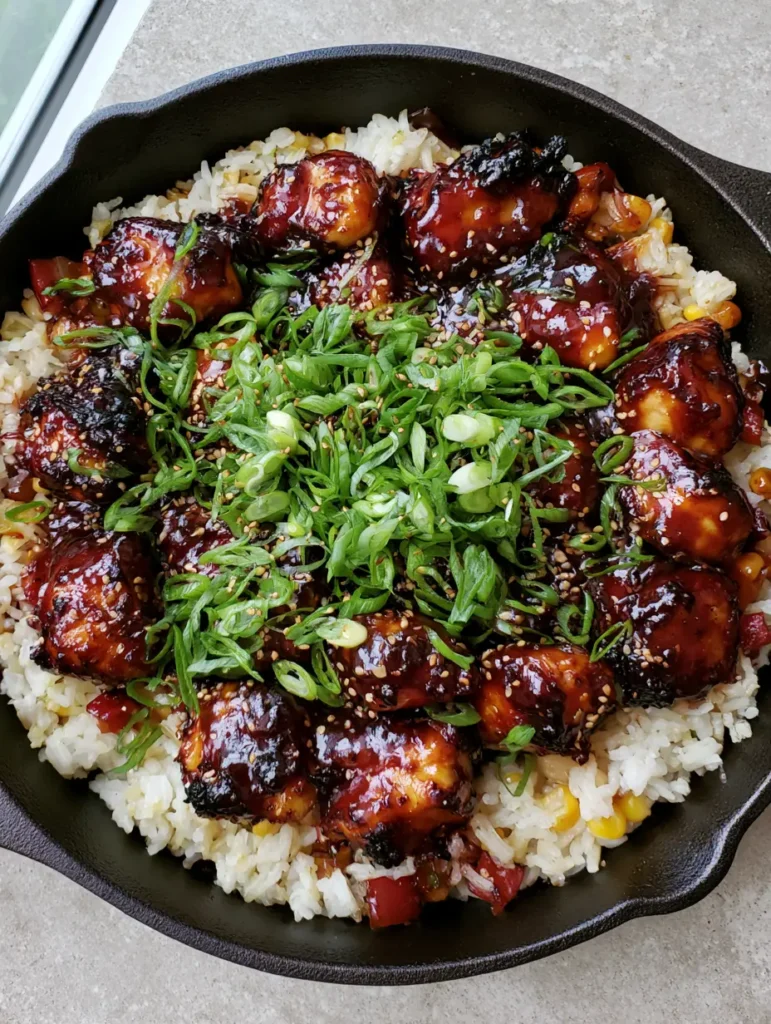 Honey BBQ Chicken and Rice: The Ultimate Sticky Skillet Dinner 2 Top-down view of Honey BBQ Chicken and Rice in a black skillet with charred chicken and fluffy rice. (Honey BBQ Chicken and Rice)