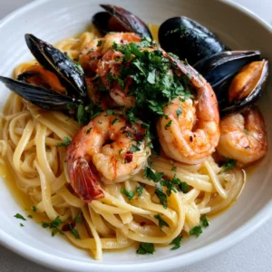 Close-up of seared pink shrimp and black mussel shells over glossy linguine pasta. (Seafood Linguine Recipe)